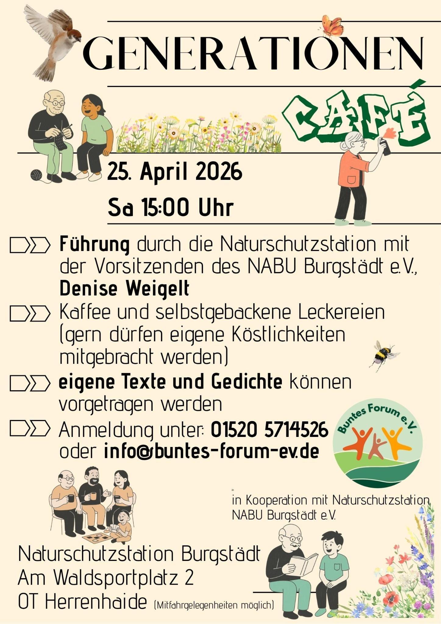 Plöakat Generationencafe mit Nabu in Naturschutzstation Herrenhaide am 25.4.2026